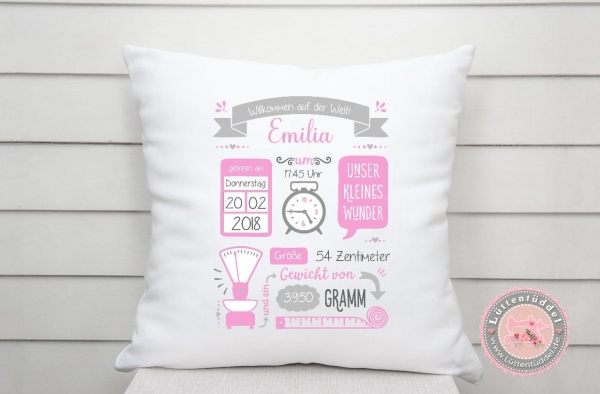 ♥ Kissen mit Namen und Geburtsdaten ★ von Lüttentüddel® ♥ Wunschname KITA Einschulung Geburtstag Geburt Taufe Geburtskissen